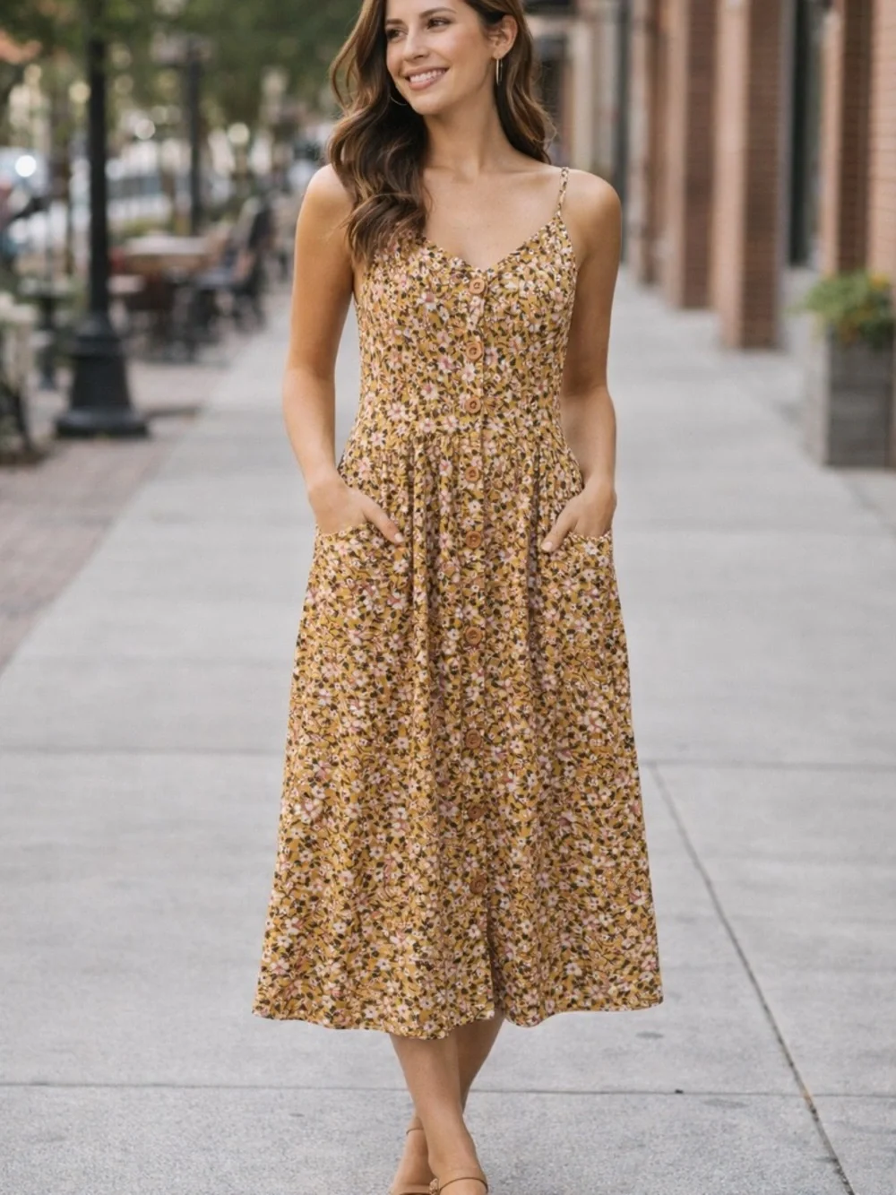 Mustard Floral Midi Dress with Pockets - Picture 1 of 3